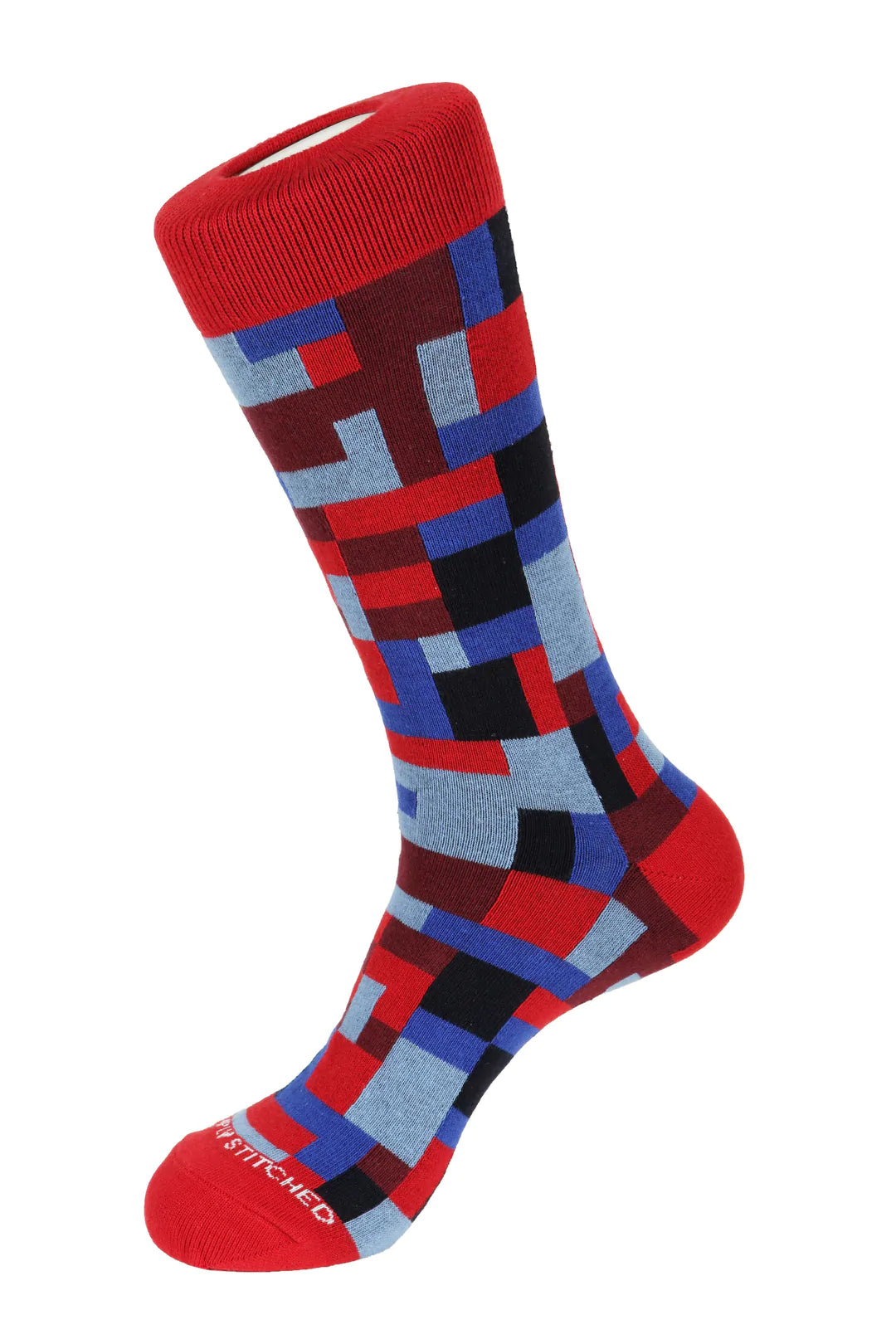 Unsimply Stitched maroon socks with multi colored geometric shapes, making it a great pairing with DFR89 blue denim jeans and a fun Sugar sport shirt.