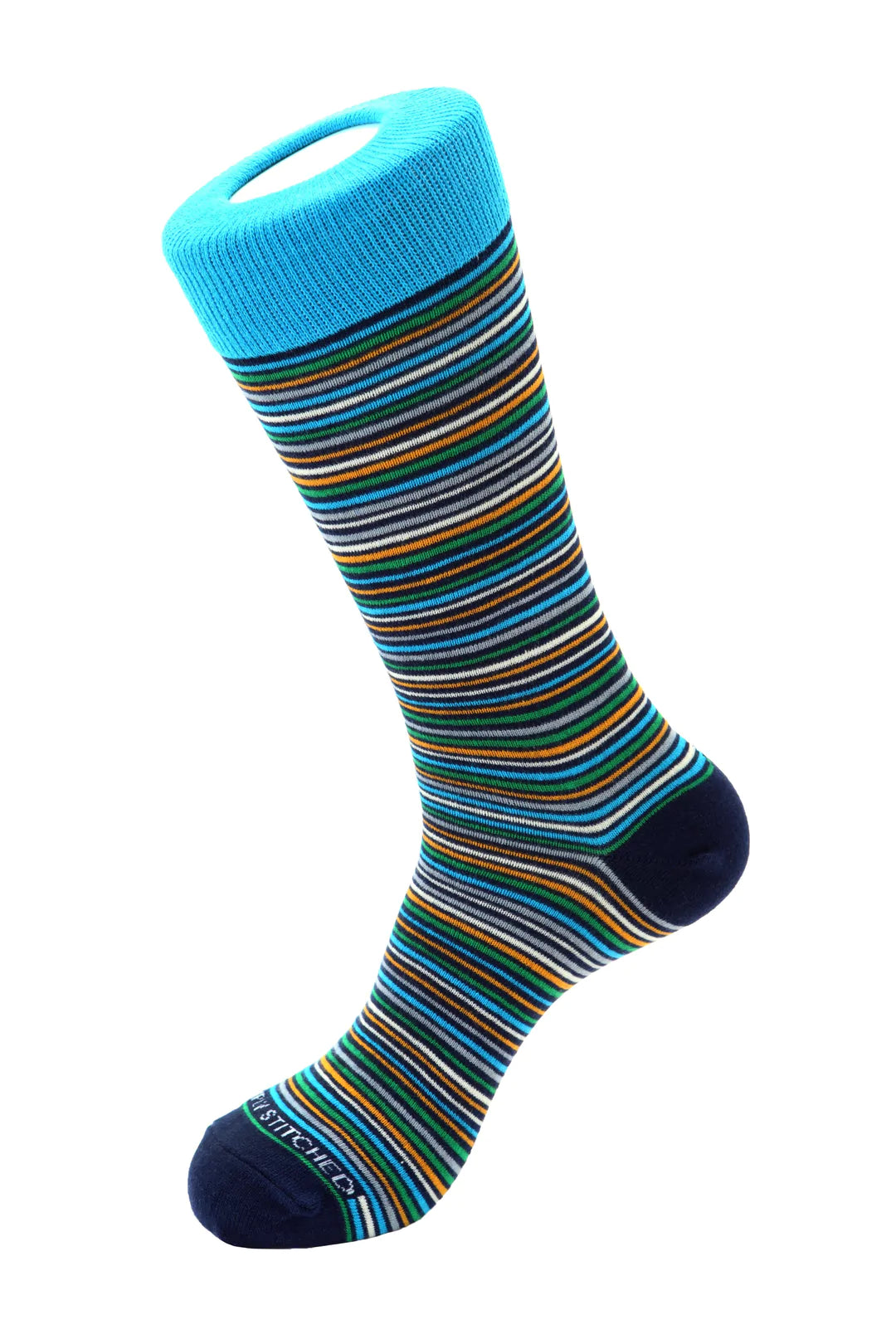 Unsimply Stitched socks with white, blue, yellow, and green stripes, making it a great pairing with DFR89 blue denim jeans and a fun Sugar sport shirt.