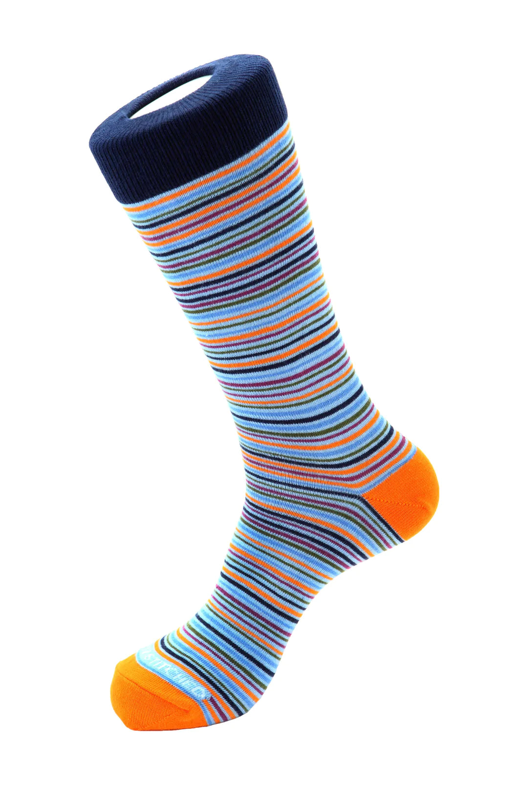 Unsimply Stitched socks with blue, orange, and purple stripes, making it a great pairing with DFR89 blue denim jeans and a fun Sugar sport shirt.