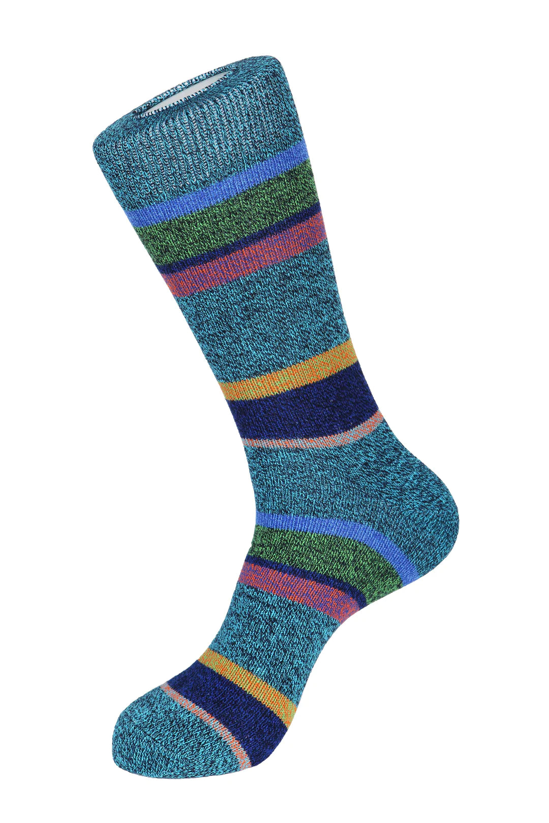 Unsimply Stitched boot socks with green, blue, and orange stripes, making it a great pairing with DFR89 blue denim jeans and a fun Sugar sport shirt.
