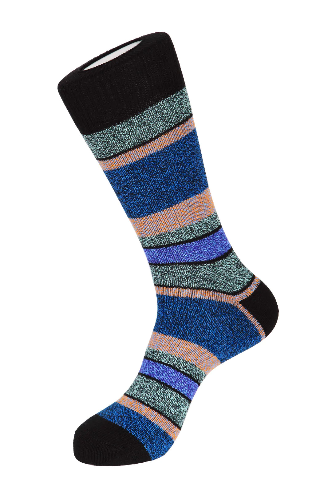 Unsimply Stitched blue and black boot socks with multi colored stripes, making it a great pairing with DFR89 blue denim jeans and a fun Sugar sport shirt.