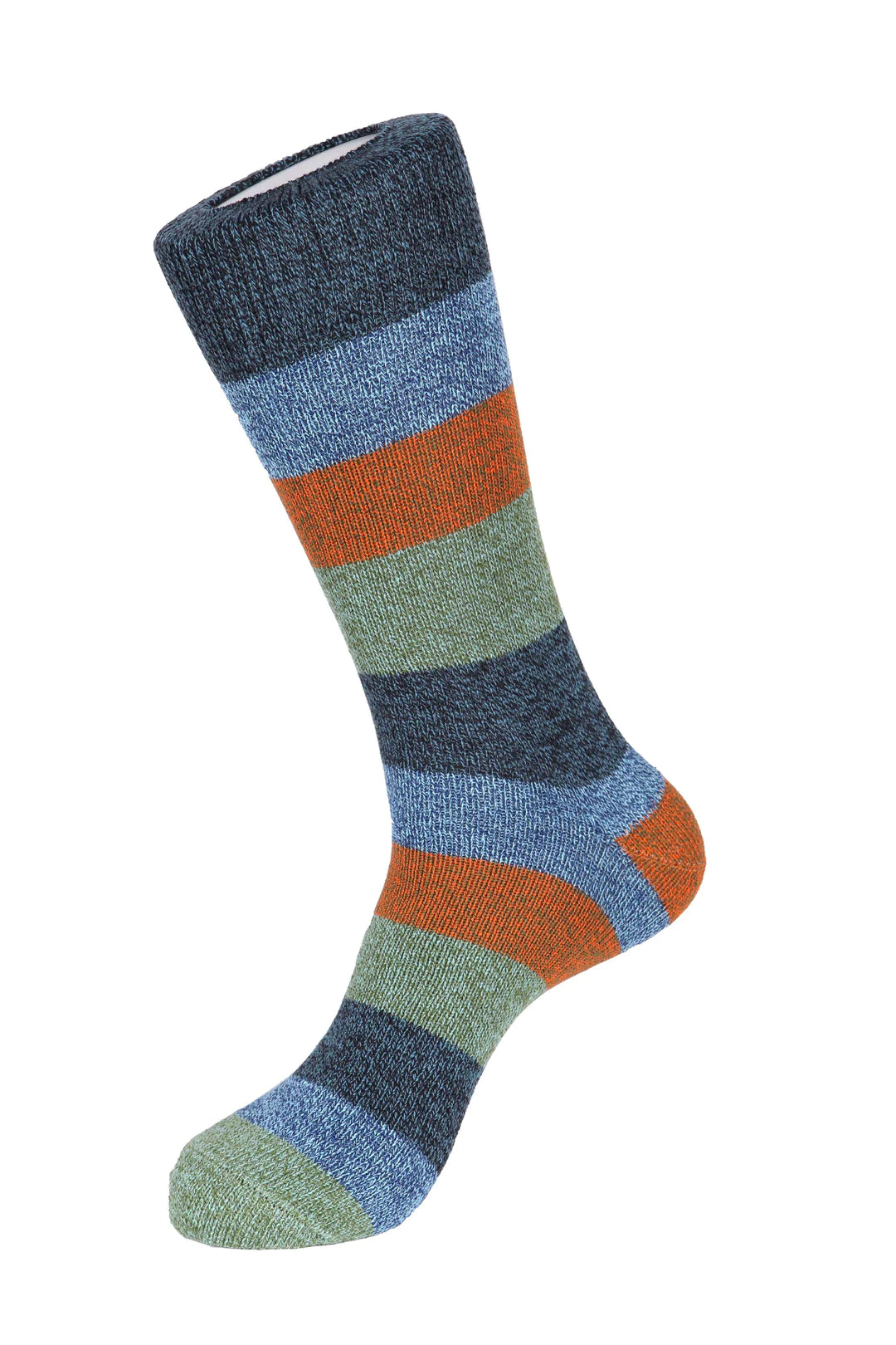 Unsimply Stitched socks with green, orange, blue and grey stripes, making it a great pairing with DFR89 blue denim jeans and a fun Sugar sport shirt.