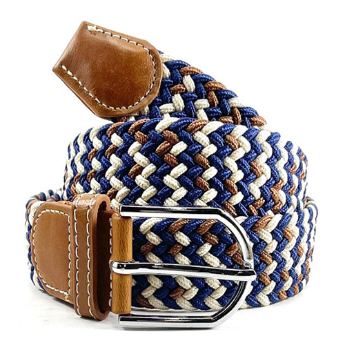 A stretch braided, blue, ecru and brown belt, made by Knotz. A staple piece for any man's business wardrobe.