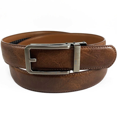 Brown leather belt with an automatic buckle, made by Knotz. A staple piece for any man's business wardrobe.