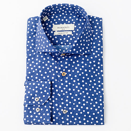 A navy blue Bomonti slim sport shirt with white polka dots