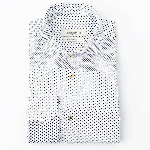A white Bomonti slim sport shirt with a navy checkered pattern.