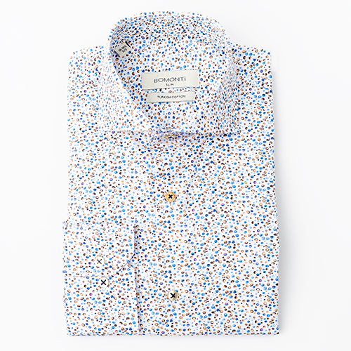 This Bomonti white funky sport shirt with blue and brown polka dots is a fun twist to any man's outfit.