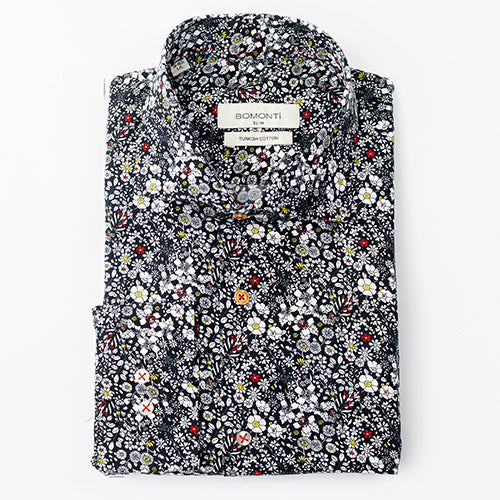 A black Bomonti slim, cotton sport shirt with a floral pattern.