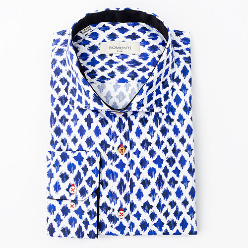 A white Bomonti cotton slim sport shirt with a navy and royal blue pattern