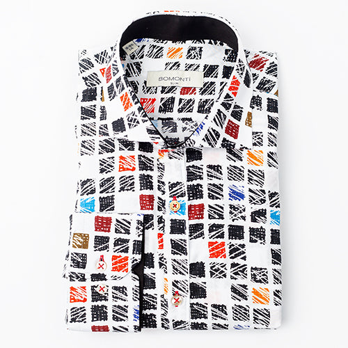 A slim, cotton sport shirt from Bomonti with a multicoloured, funky pattern that can be worn with black or navy blue Differ denim jeans.