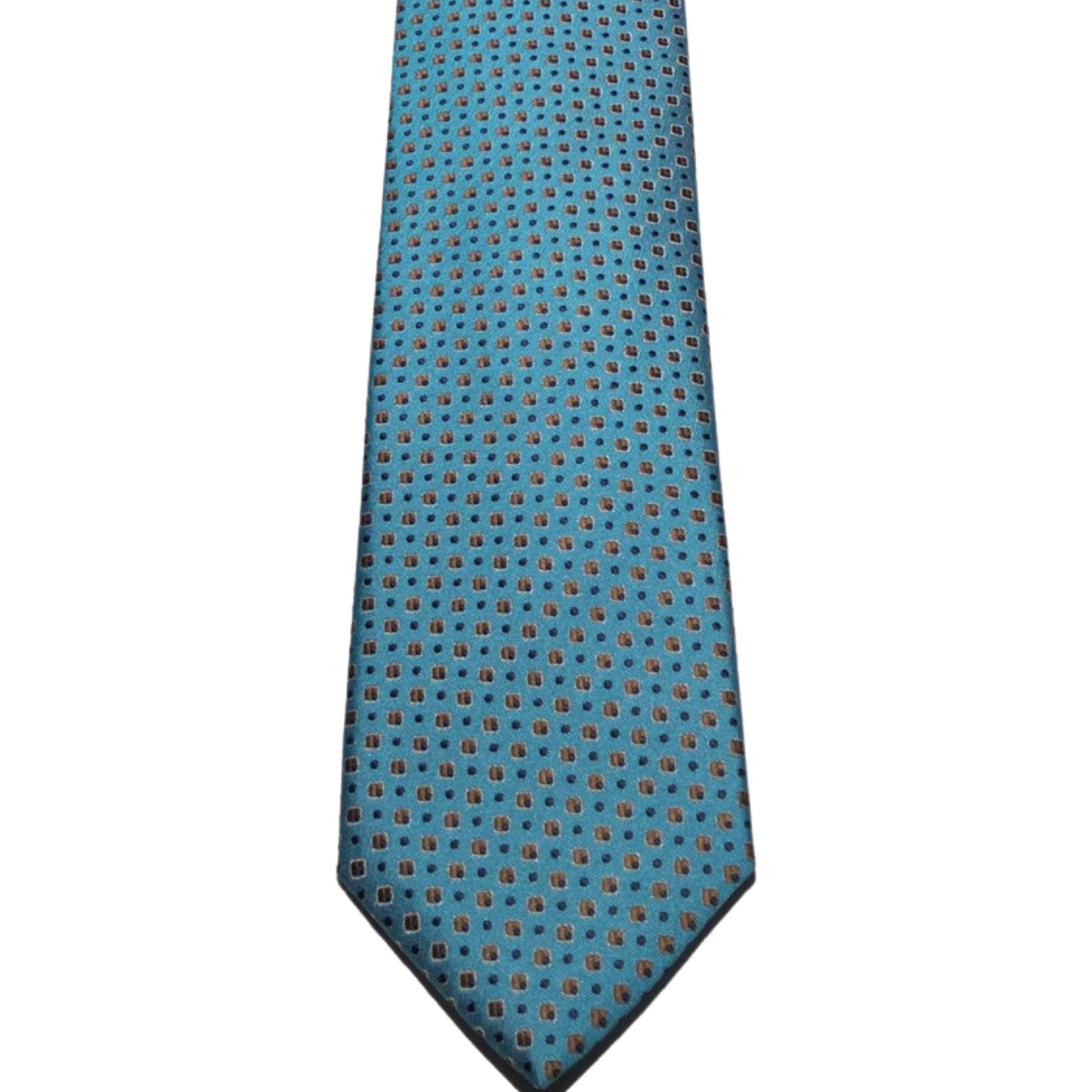 This Gian Marco Venturi microfibre teal tie has a beige polka dot pattern, making it a nice pairing with a crisp white or light blue Scoop dress shirt, a navy blue suit and brown shoes.