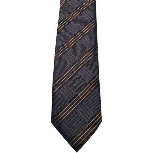 This Gian Marco Venturi microfibre tie has a beige and brown plaid pattern, making it a nice pairing with a crisp white Scoop dress shirt, a charcoal grey suit and brown shoes.