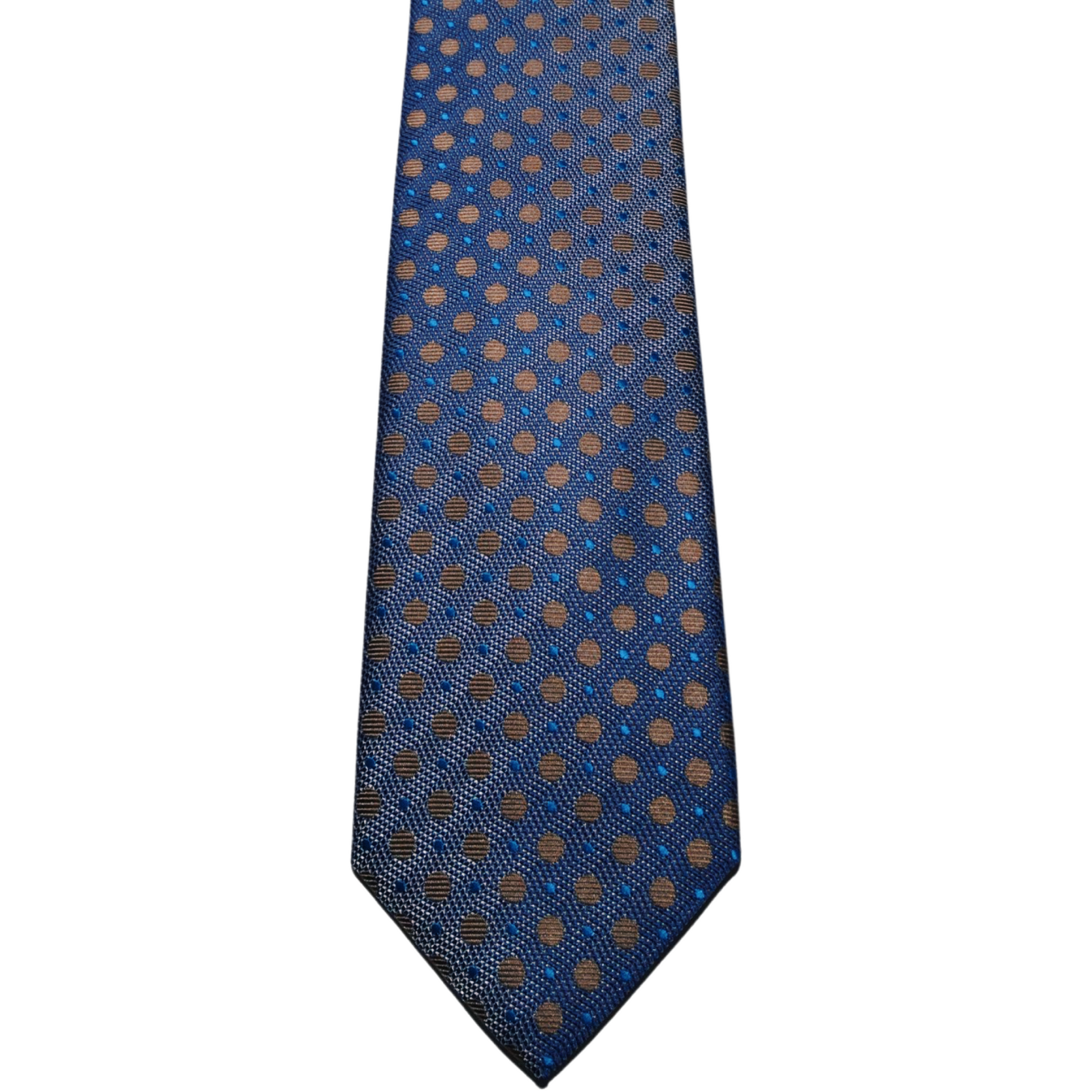This Gian Marco Venturi microfibre light blue tie has a beige polka dot pattern, making it a nice pairing with a crisp white or blue Scoop dress shirt, a navy blue suit and brown shoes.