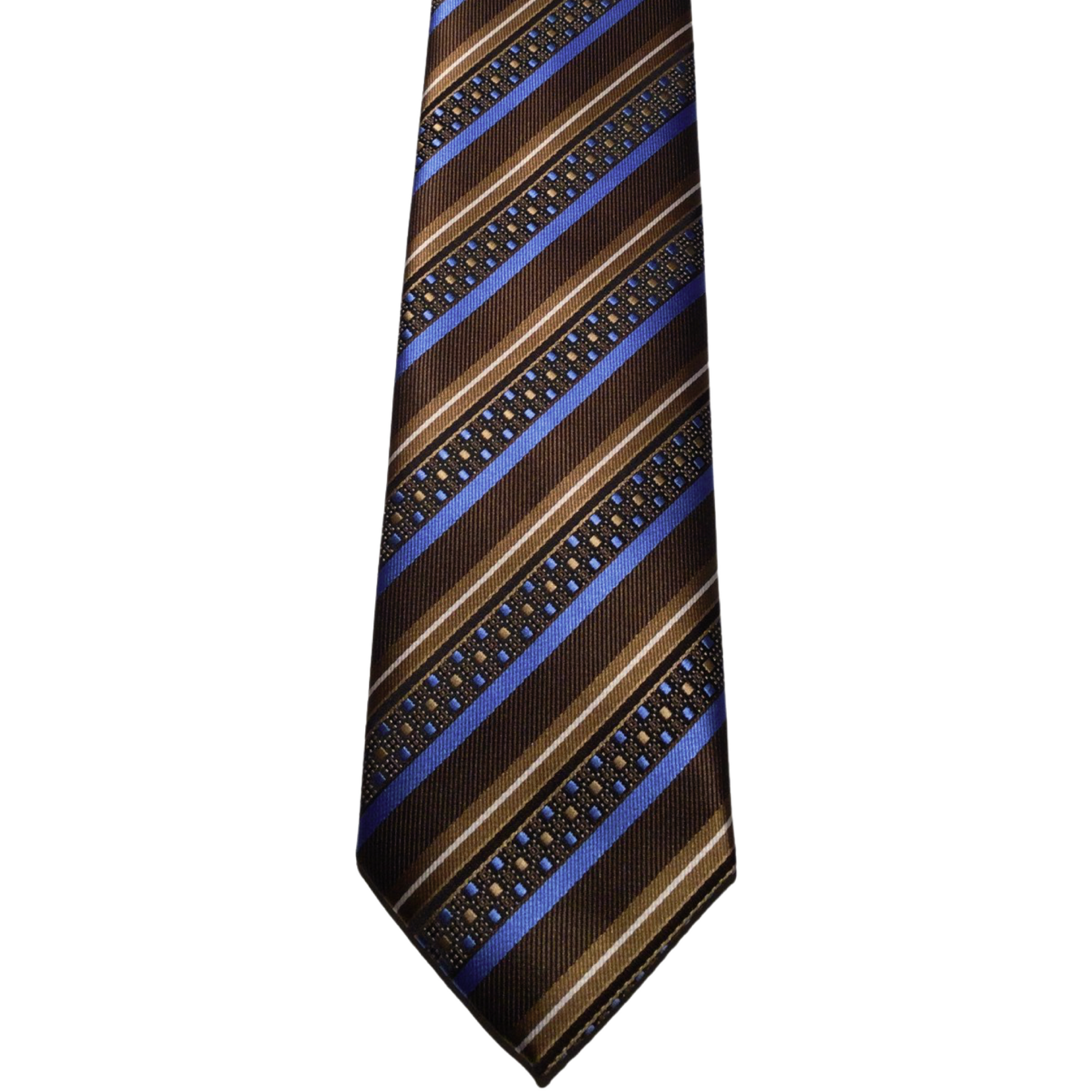 This Gian Marco Venturi microfibre brown tie has a light blue and beige stripe pattern, making it a nice pairing with a crisp white or light blue Scoop dress shirt, a navy blue suit and brown shoes.