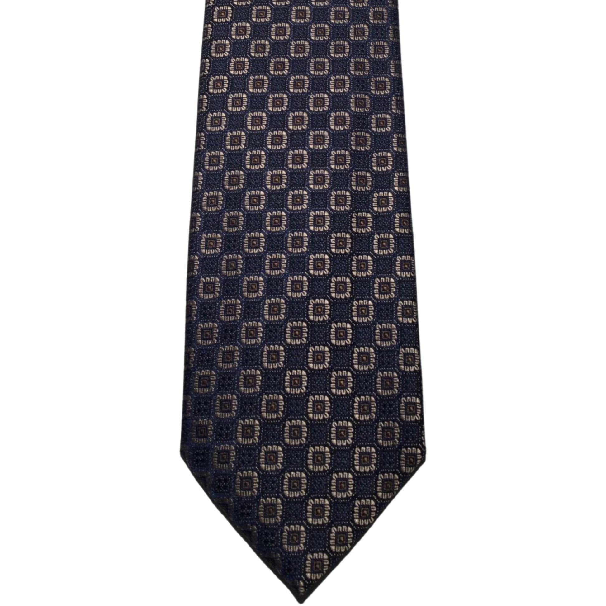 This Gian Marco Venturi microfibre navy blue tie has a beige square pattern, making it a nice pairing with a crisp white or light blue Scoop dress shirt, a navy blue suit and brown dress shoes.