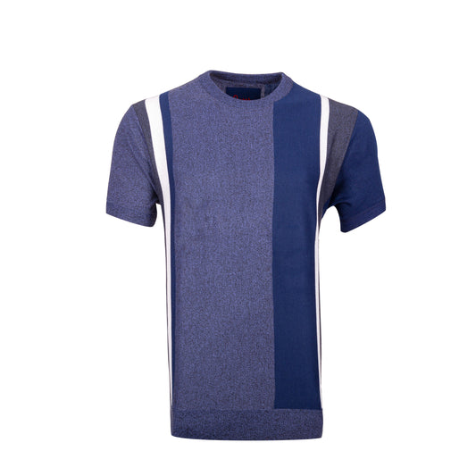 A blue and grey sweater-knit t-shirt that is a versatile men's top for any occasion. Wether it's with a pair of navy blue DFR89 denim jeans or a pair of grey dress pants, this t-shirt is a hit.