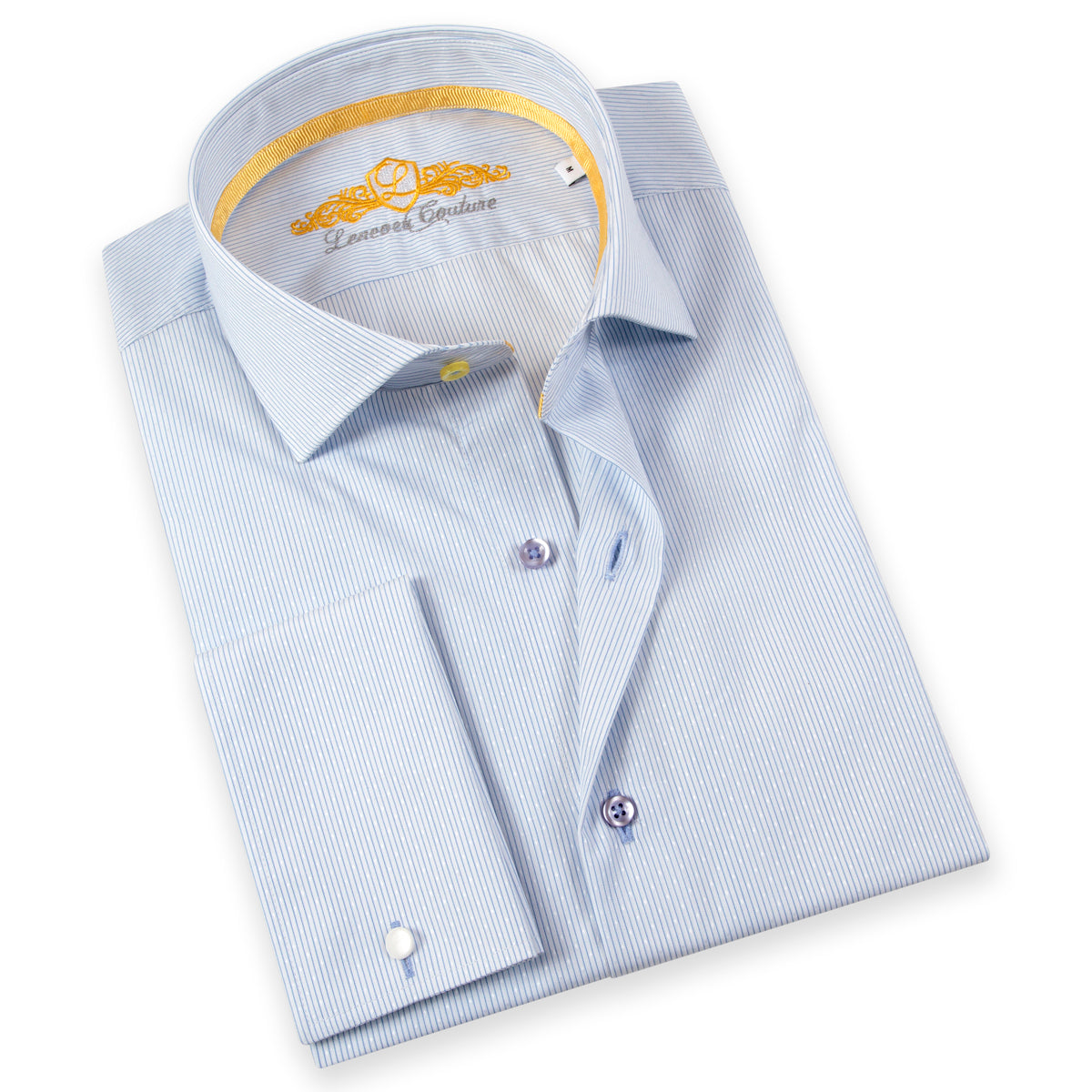 Made up of a beautiful Italian 2-Ply cotton, this elegant dress shirt from Leneveu Couture is a must-have for your businesswear wardrobe. With a subtle blue pinstripe pattern and french cuffs, this dress shirt looks great when paired with a solid or checkered navy blue suit.