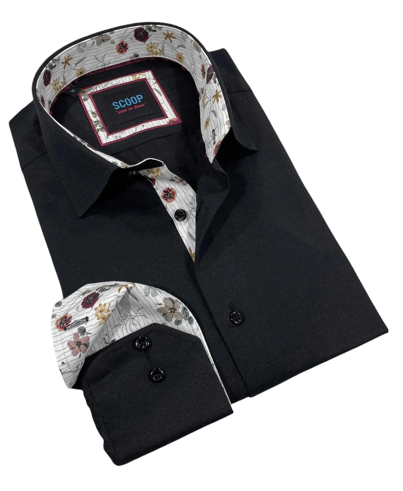 This convertible black dress shirt from Scoop is as versatile as a men's top can get. Buttoned up with a tie, this shirt becomes an essential, plain black dress shirt that can be worn with a slim black or grey suit.