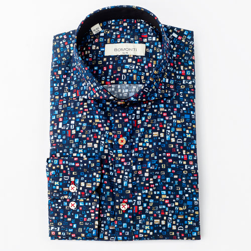 Bomonti navy sport shirt with alphabetical pattern.
