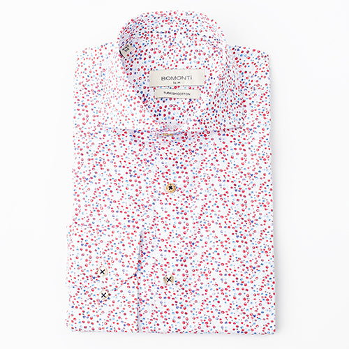 Bomonti sport shirt with red and blue circular pattern.
