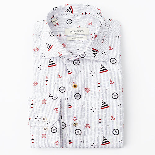 Bomonti white sport shirt with sailboat designs.
