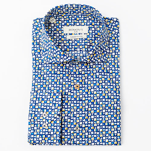 Bomonti patterned sport shirt with navy and beige accents.