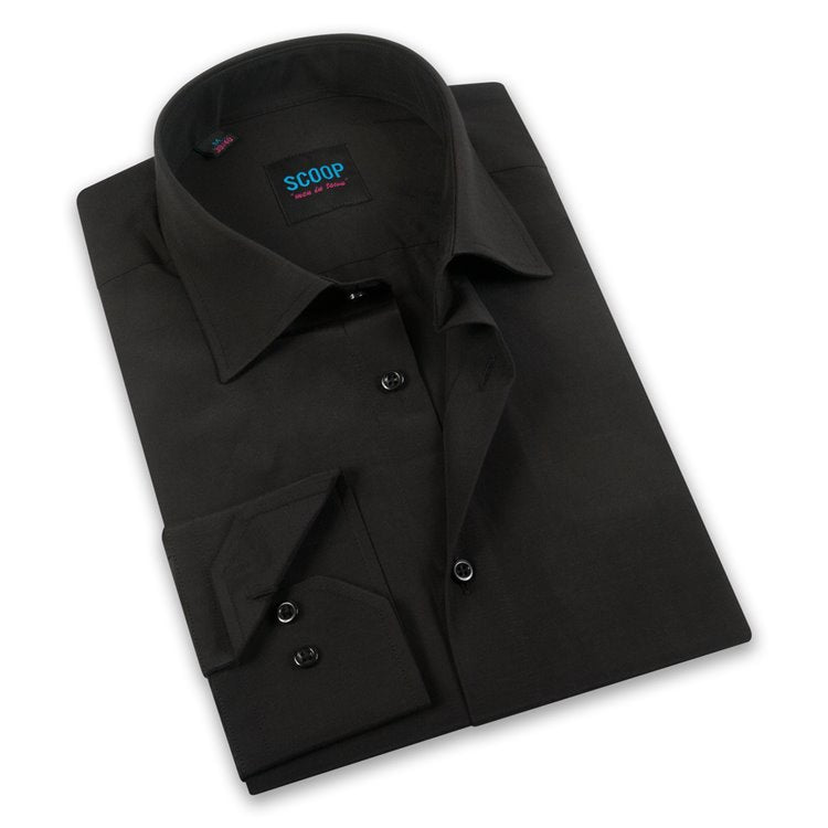 A slim, cotton black dress shirt from Scoop. Great for business suits, and wedding suits.