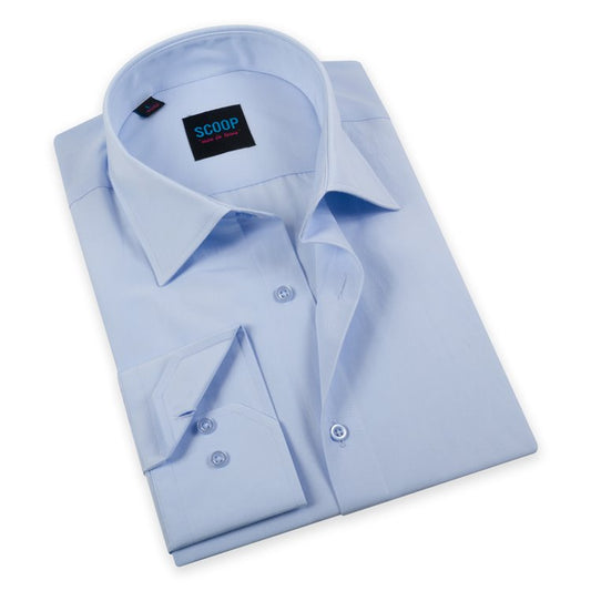 A crisp, slim light blue cotton dress shirt from Scoop. Great for any business suit, and wedding suit.