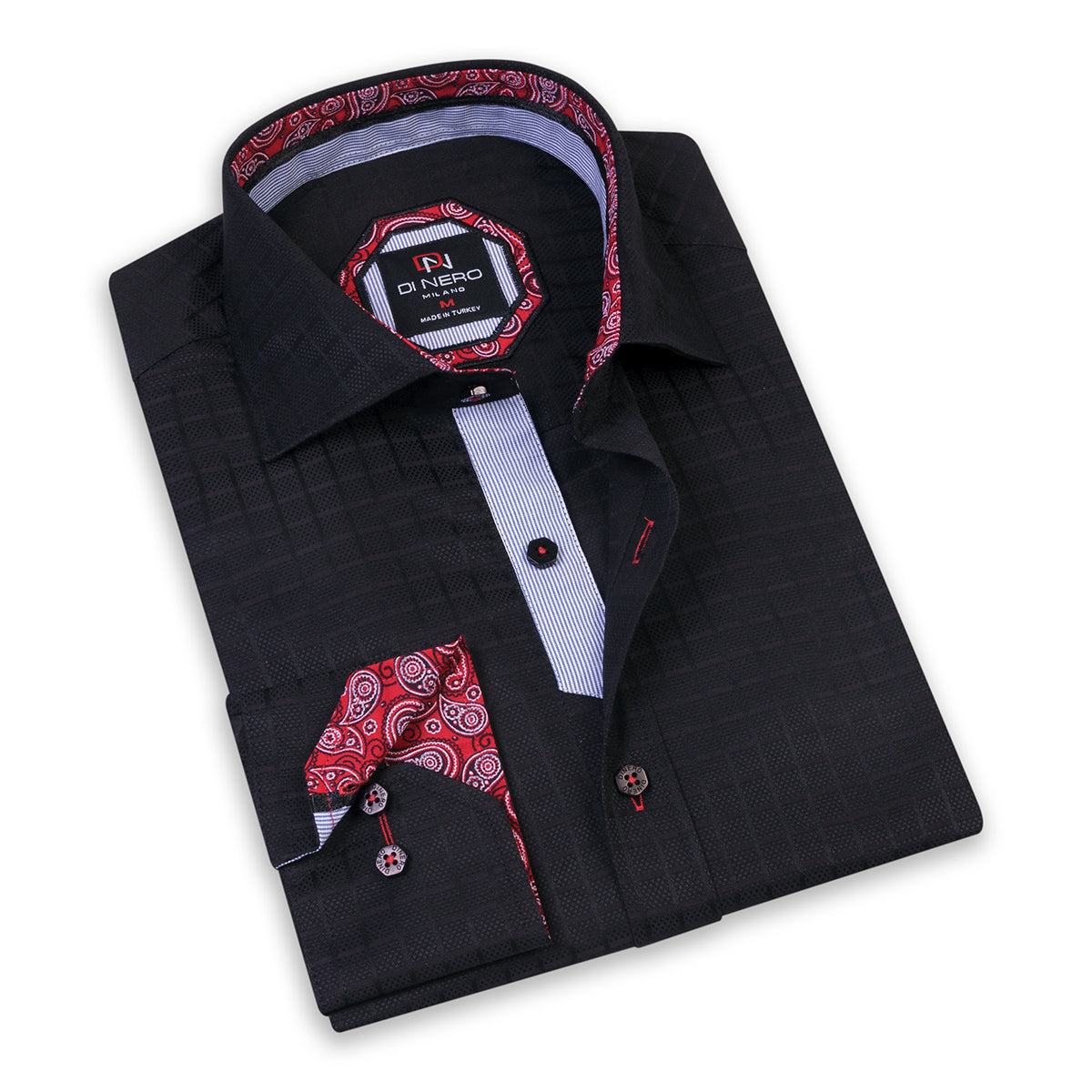 This Di Nero black dress shirt is a versatile men's top that can be worn in any setting. With a soft, checkered cotton fabric, it can be worn with a tie and sport jacket, or black DFR89 denim jeans and left open-collared.