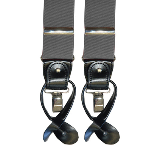 Grey suspenders by Knotz. Convertible, stretchy.