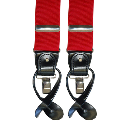 Red suspenders by Knotz. Convertible, stretchy.