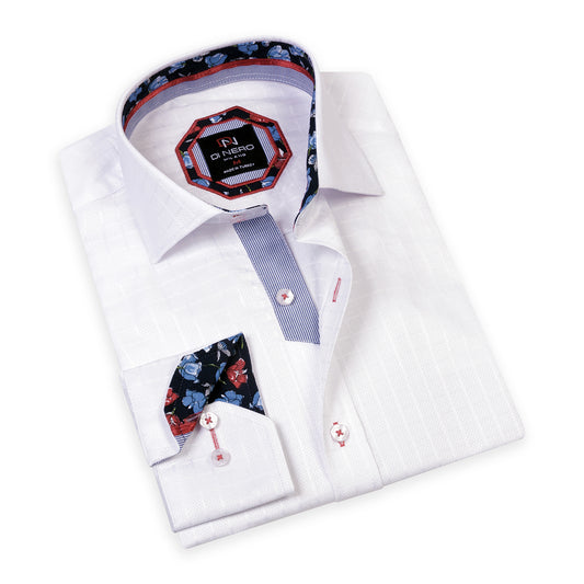 This Di Nero white dress shirt is a versatile men's top that can be worn in any setting. With a soft, checkered cotton fabric, it can be worn with a tie and sport jacket, or navy DFR89 denim jeans and left open-collared.
