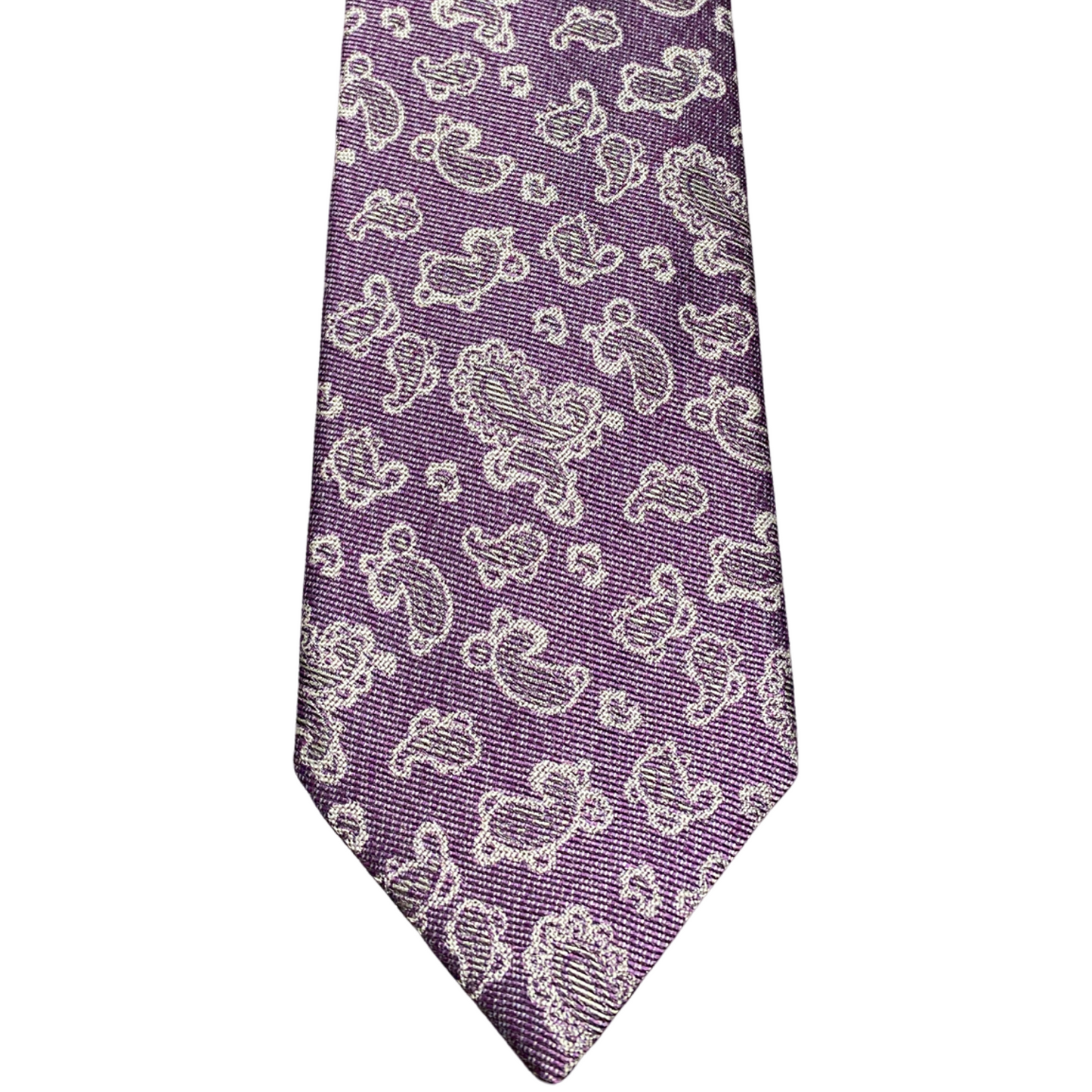 This Gian Marco Venturi microfibre purple ie has a paisley pattern, making it a nice pairing with a crisp white or lavender Scoop dress shirt, a charcoal grey suit and black dress shoes.